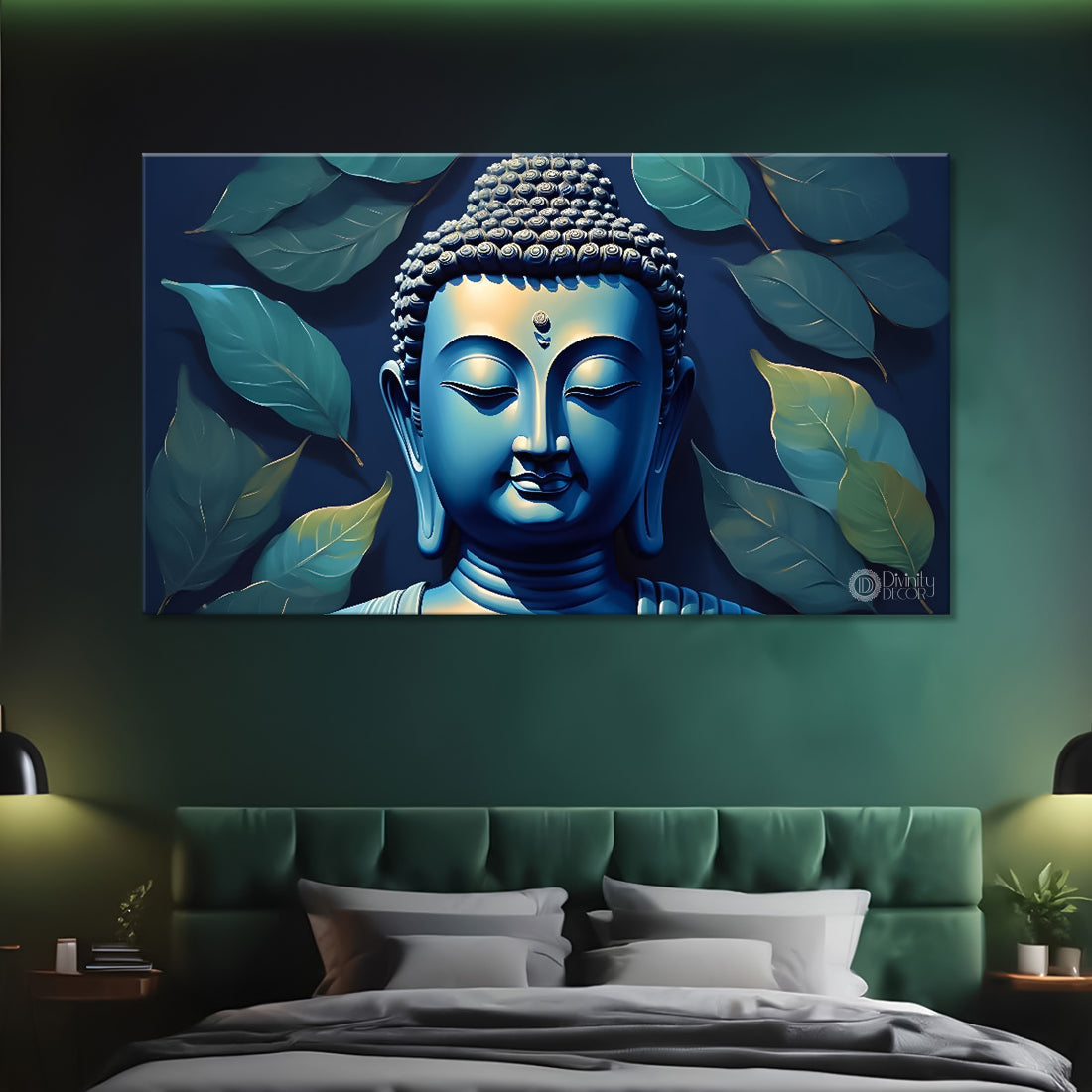 Blue buddha with the leaves background textured painting Canvas Wall Painting - Buddha-451