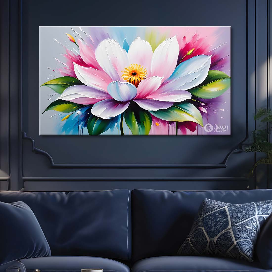 White flowers in colorful background canvas painting- Flower-451