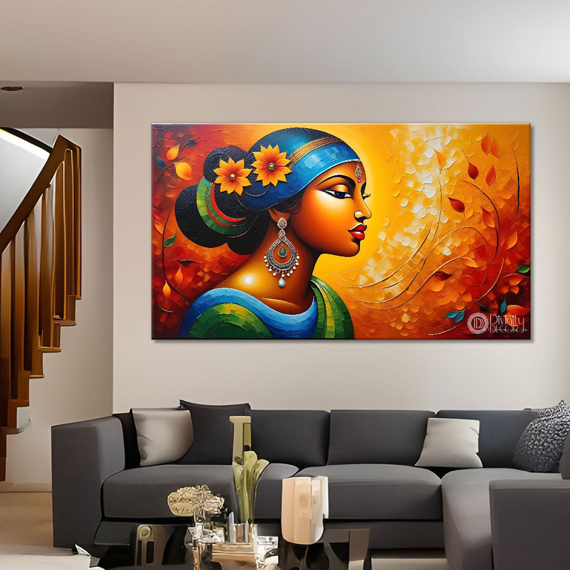 Tribal lady with bright background textured art Canvas Painting - Design - Modern-L-451