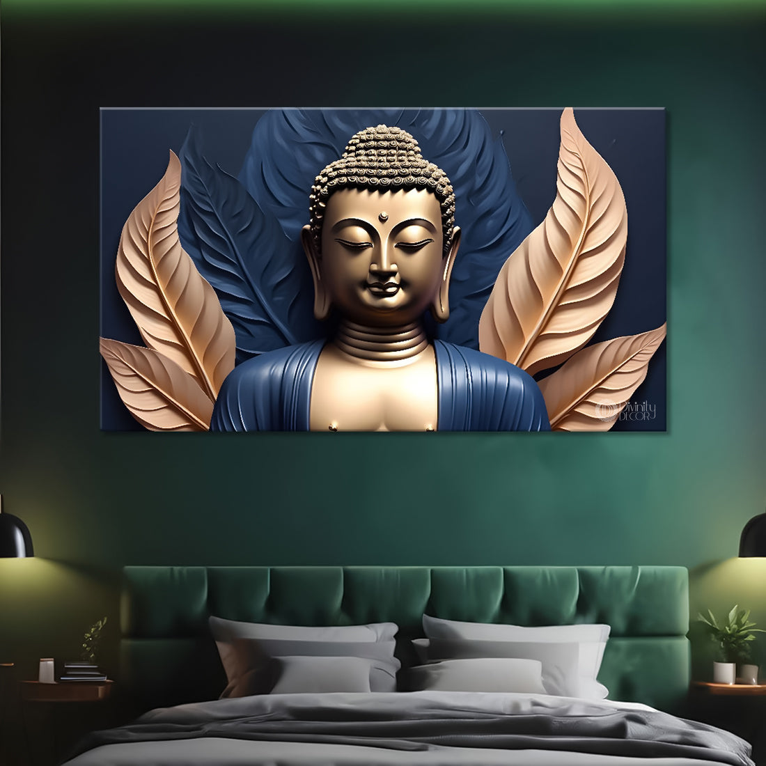 Golden buddha with the blue and golden leaf background textured painting Canvas Wall Painting - Buddha-452