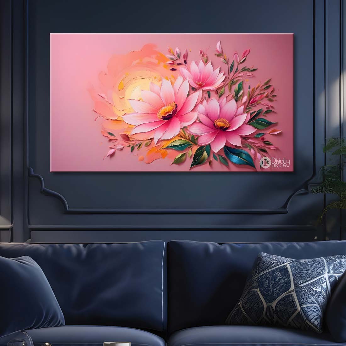 Pink flowers with sun and pink background canvas painting- Flower-452