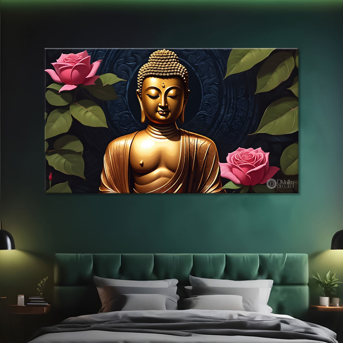 Golden buddha with the flowers background textured painting Canvas Wall Painting - Buddha-453