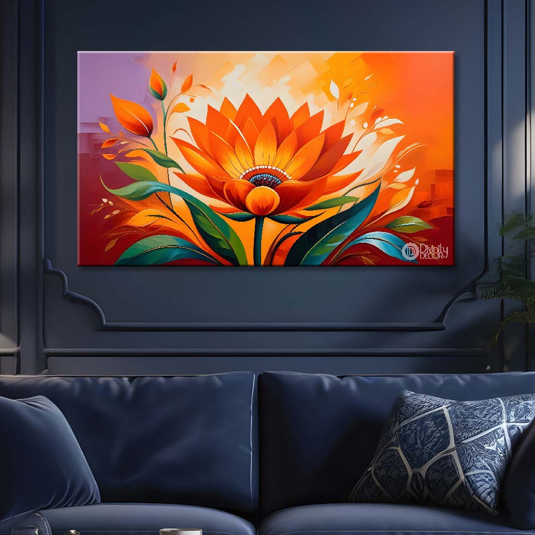 Orange flowers in orange background canvas painting- Flower-453