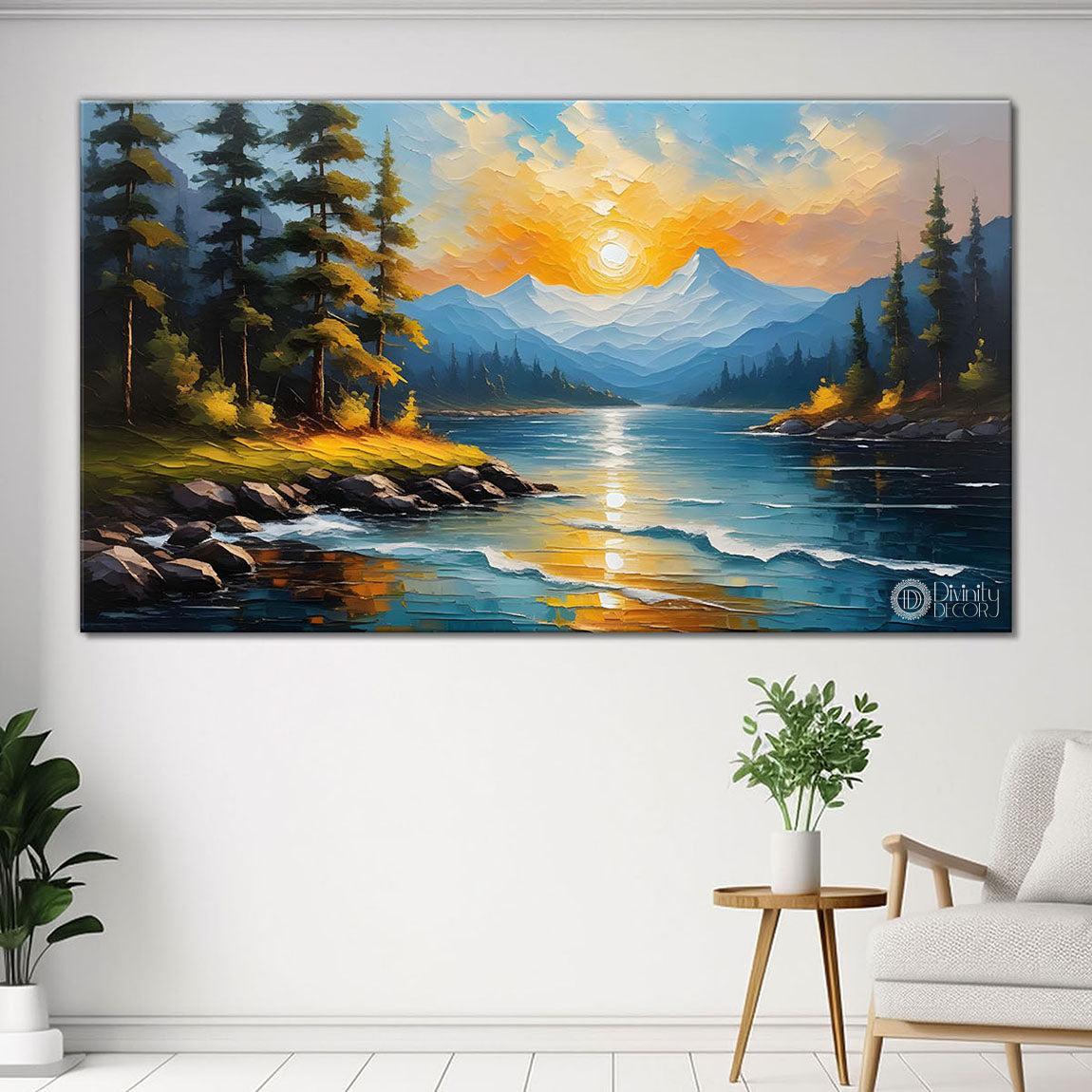 Mountains with trees and river in textured painting Canvas Painting - Nature Art -453