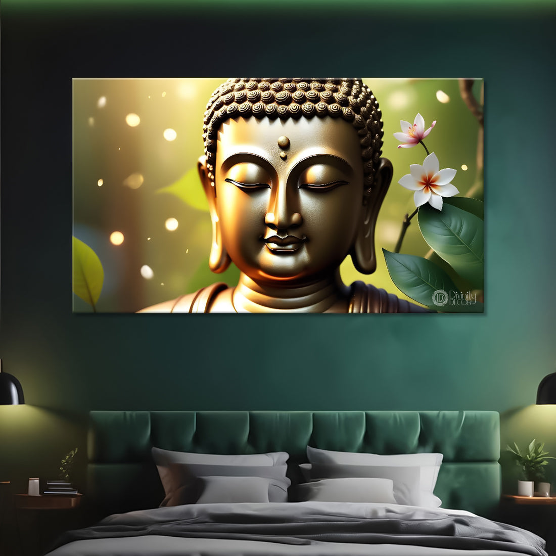 Golden buddha face with white flowers  background textured painting Canvas Wall Painting - Buddha-454
