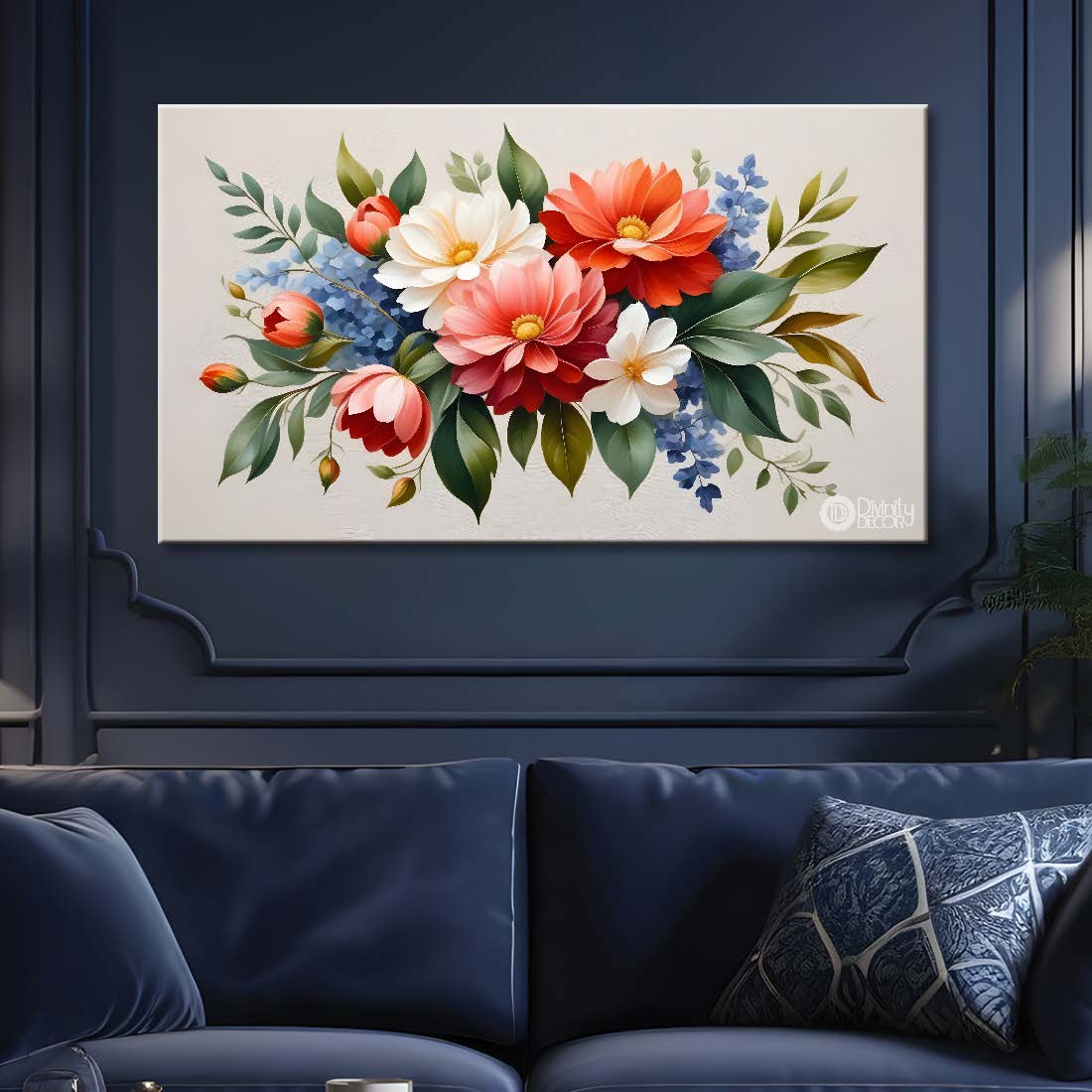 Colorful flowers in grey background canvas painting- Flower-454