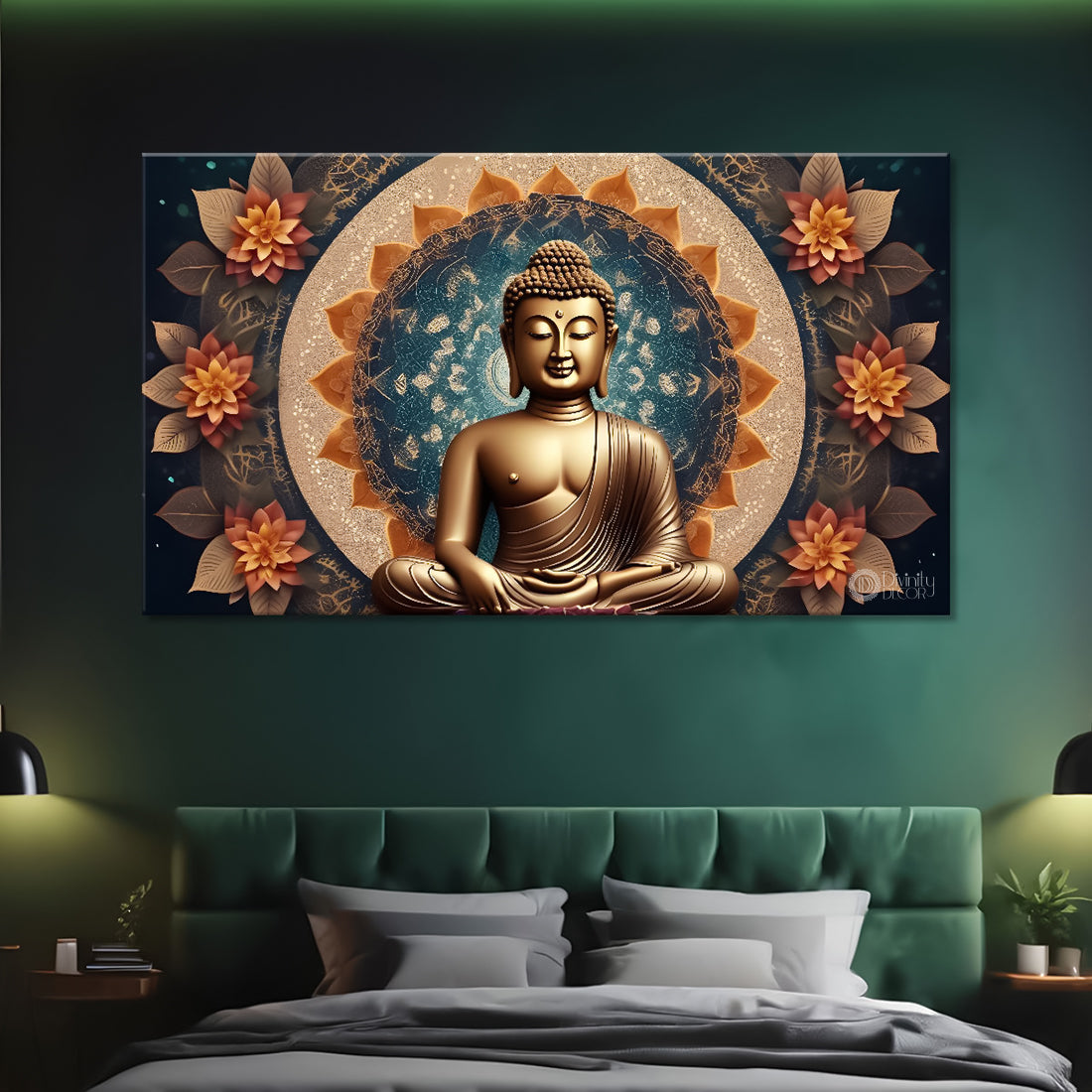 Golden buddha with orange flowers and chakra background textured painting Canvas Wall Painting - Buddha-455
