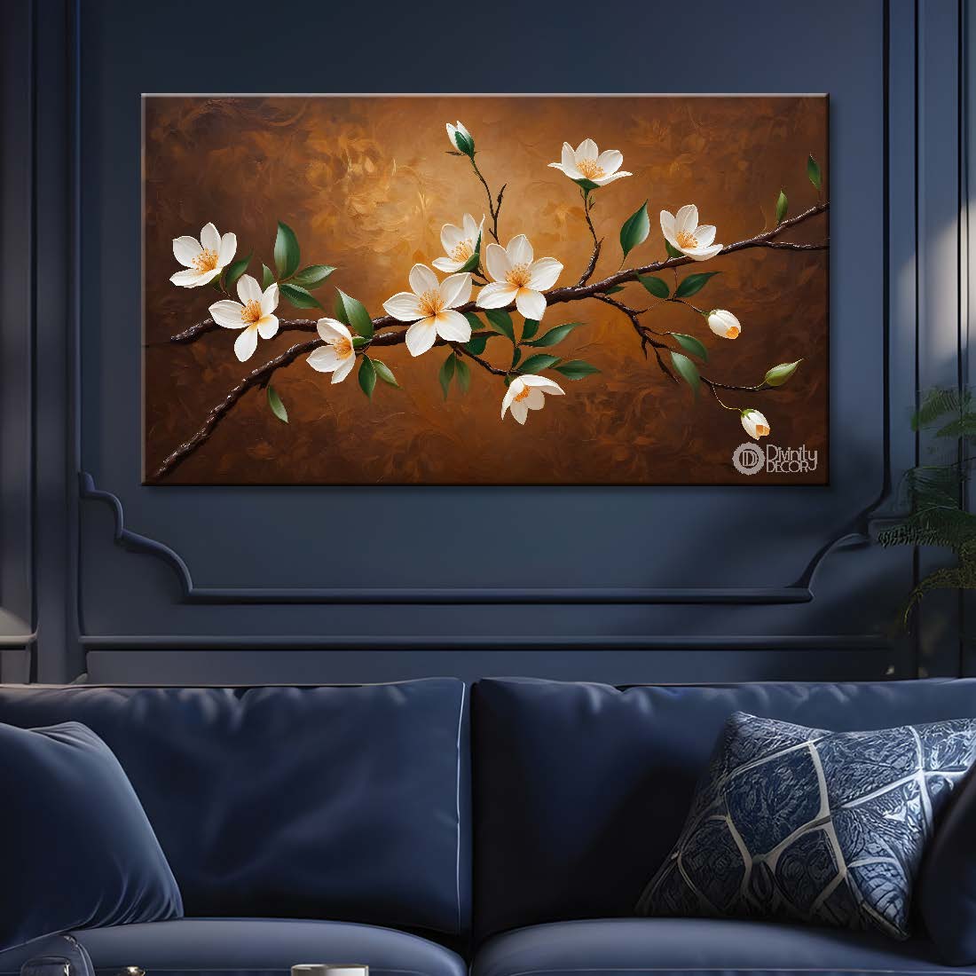 White flowers in brown background canvas painting- Flower-455
