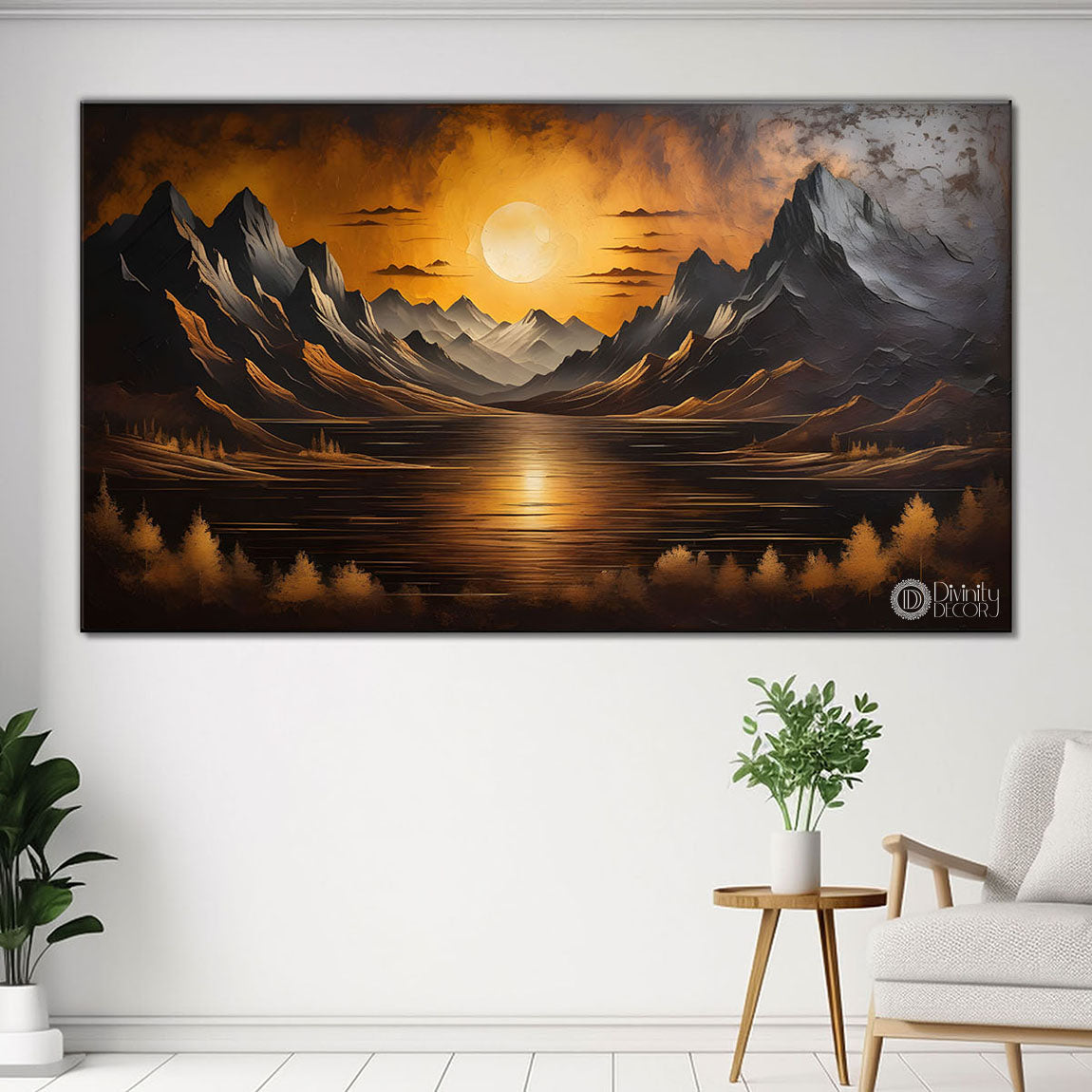 Mountains with sun in textured painting Canvas Painting - Nature Art -456
