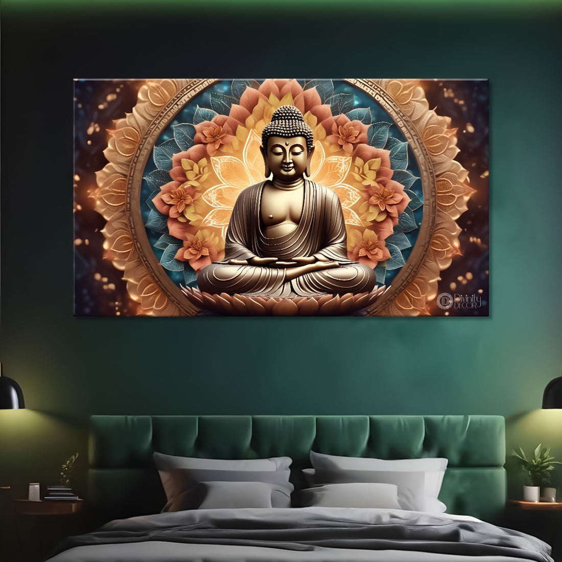 Golden buddha with orange flowers and chakra background textured painting Canvas Wall Painting - Buddha-457