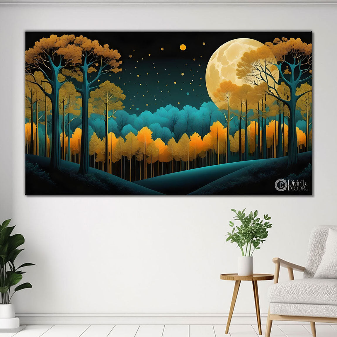 Moon with tree in green background painting Canvas Painting - Nature Art -457