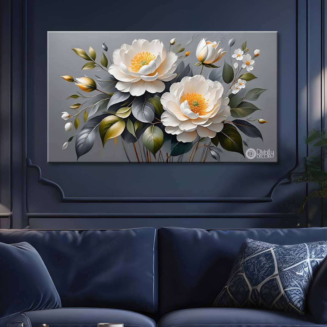 White flowers in grey background canvas painting- Flower-457