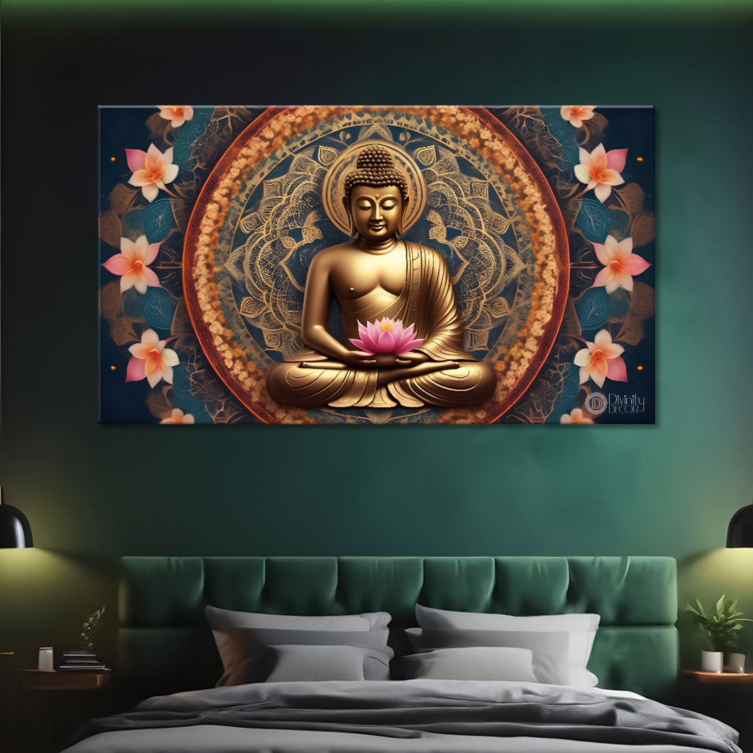 Golden buddha with orange flowers and chakra background textured painting Canvas Wall Painting - Buddha-458