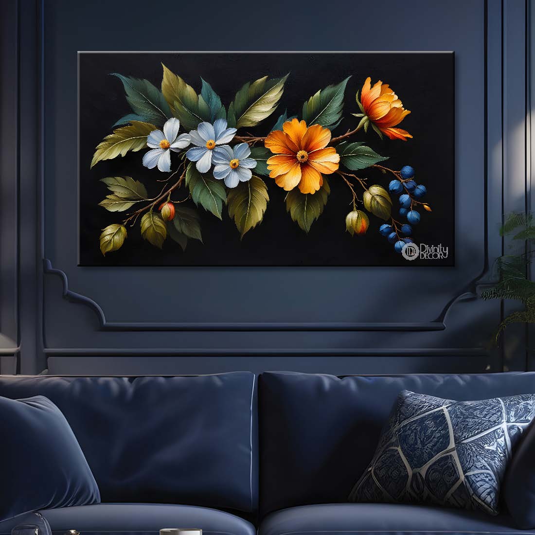 Orange flowers in black background canvas painting- Flower-458