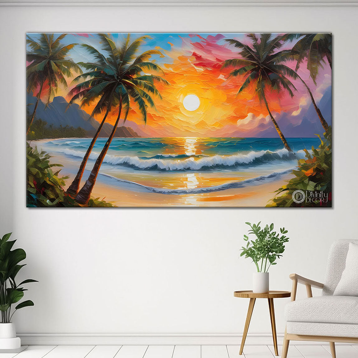 Sea with mountains and tree in sunset textured painting Canvas Painting - Nature Art -458