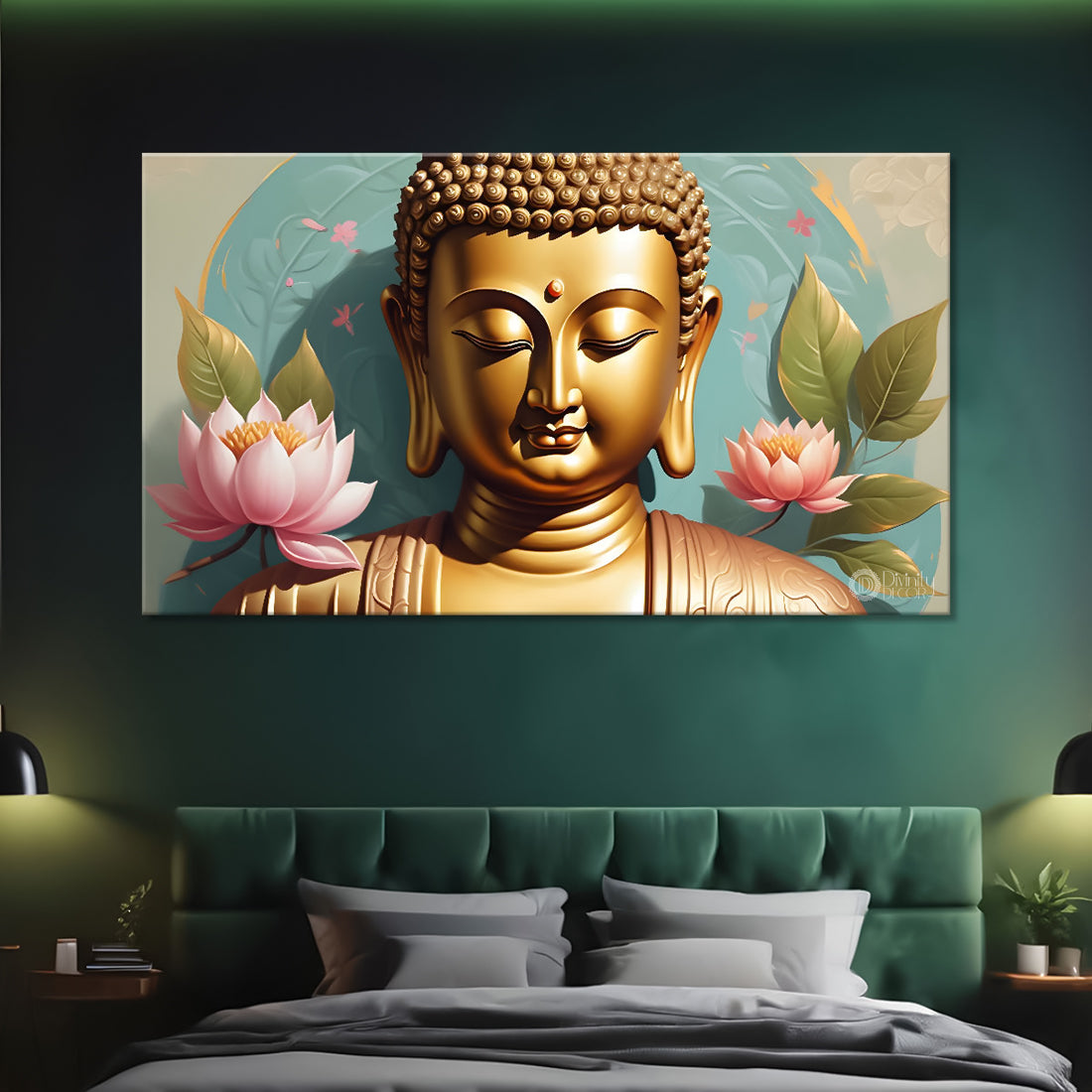 Golden buddha with the lotuses background textured painting Canvas Wall Painting - Buddha-459