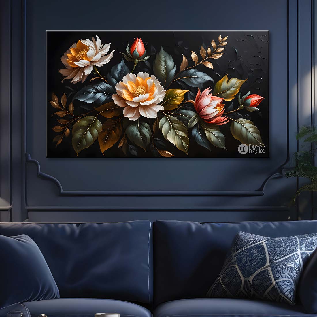 Pink flowers in black background canvas painting- Flower-459
