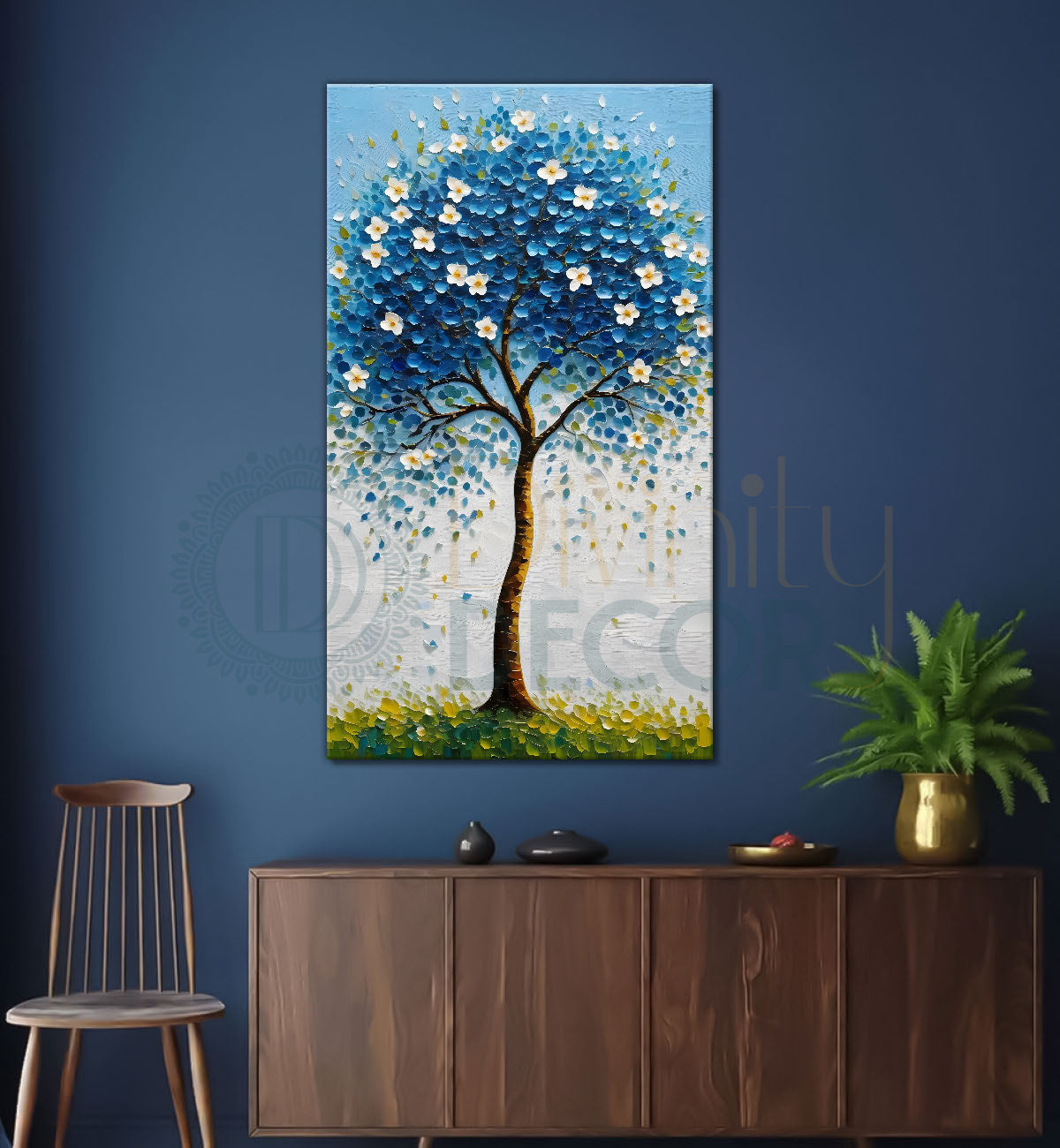 White flowers blue tree in textured oil painting Canvas painting - Tree-V-45