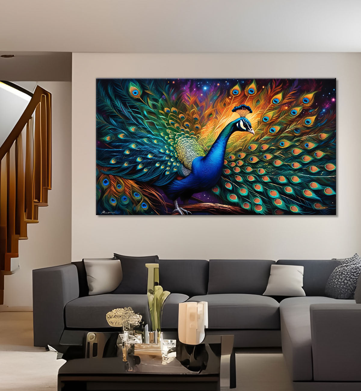Peacock on the branch with bright colors modern art Canvas Painting - Design - Peacock-45