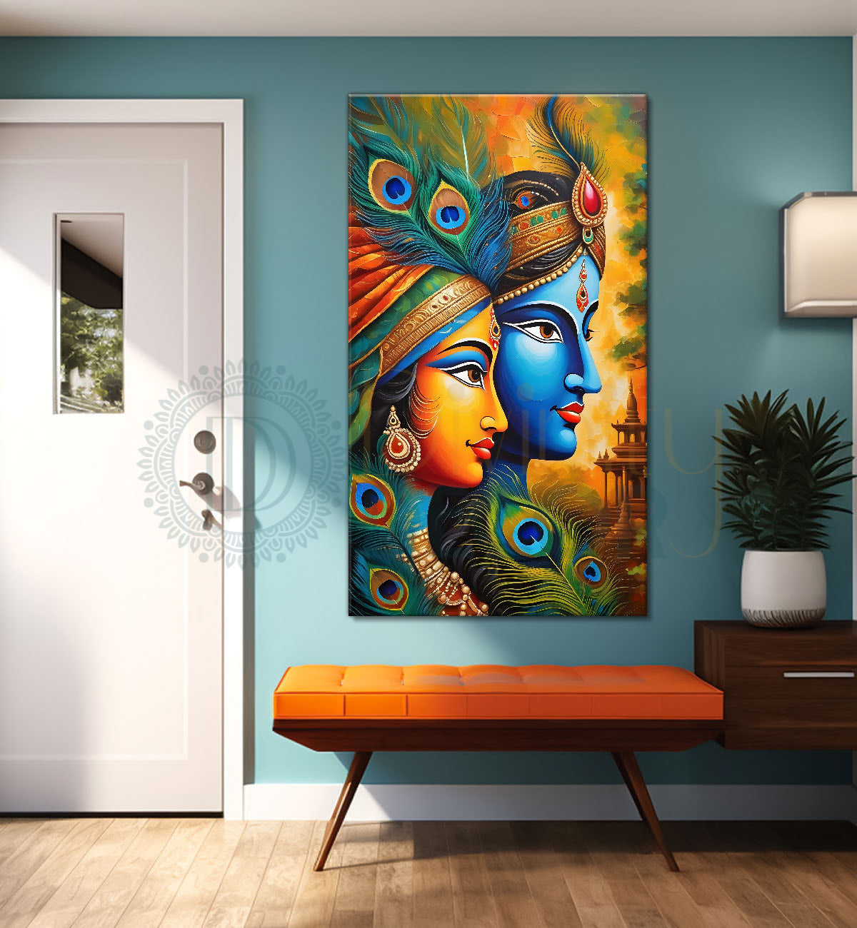 Blue face of krishna with radha in light brown temple background textured art Canvas Painting - Design - Krishna-V-45