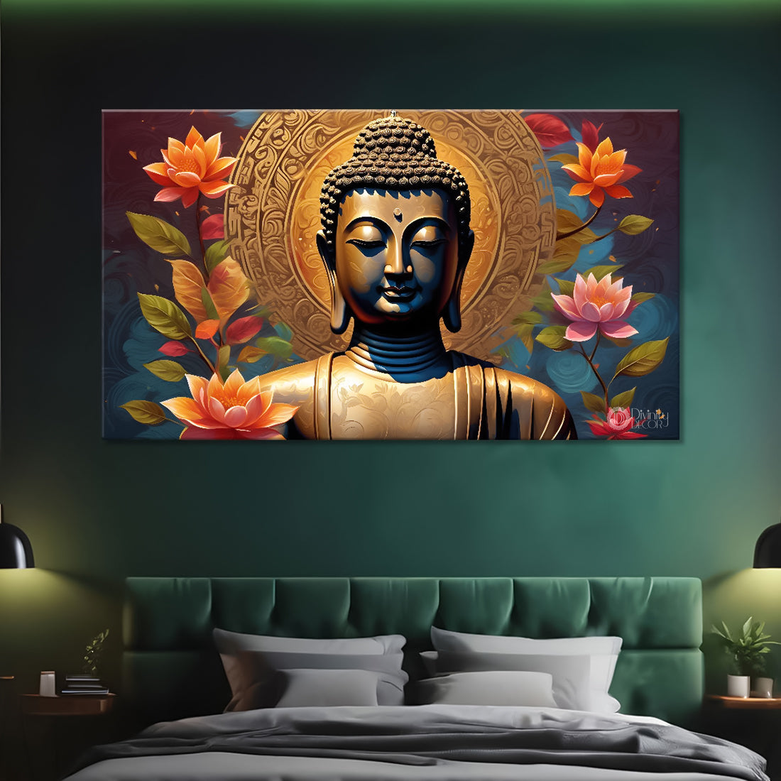 Golden buddha with the lotuses background textured painting Canvas Wall Painting - Buddha-460