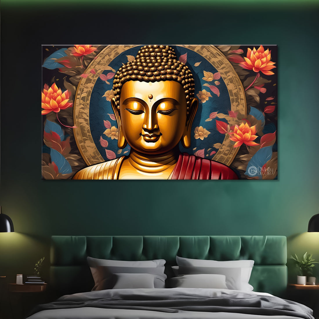 Golden buddha with orange flowers and chakra background textured painting Canvas Wall Painting - Buddha-461