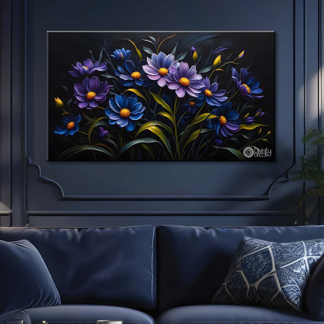Navy blue flowers in black background canvas painting- Flower-461