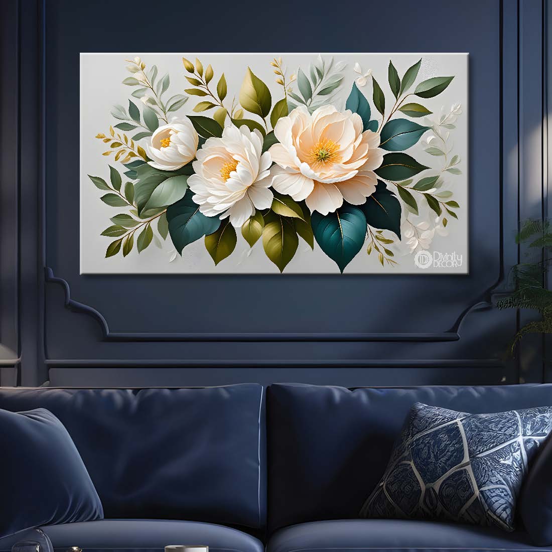 White flowers in grey background canvas painting- Flower-462