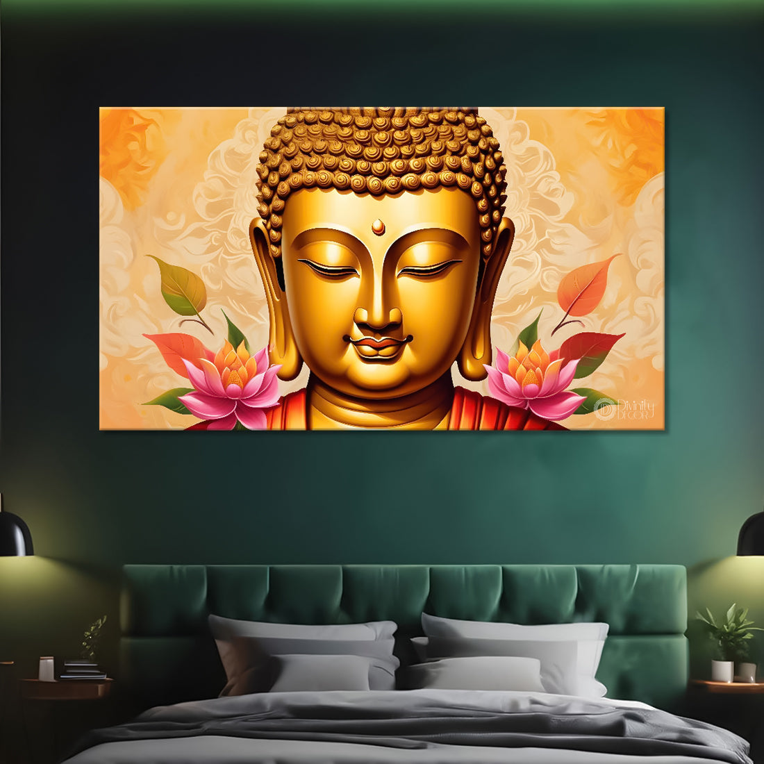 Golden buddha with the lotuses background textured painting Canvas Wall Painting - Buddha-463