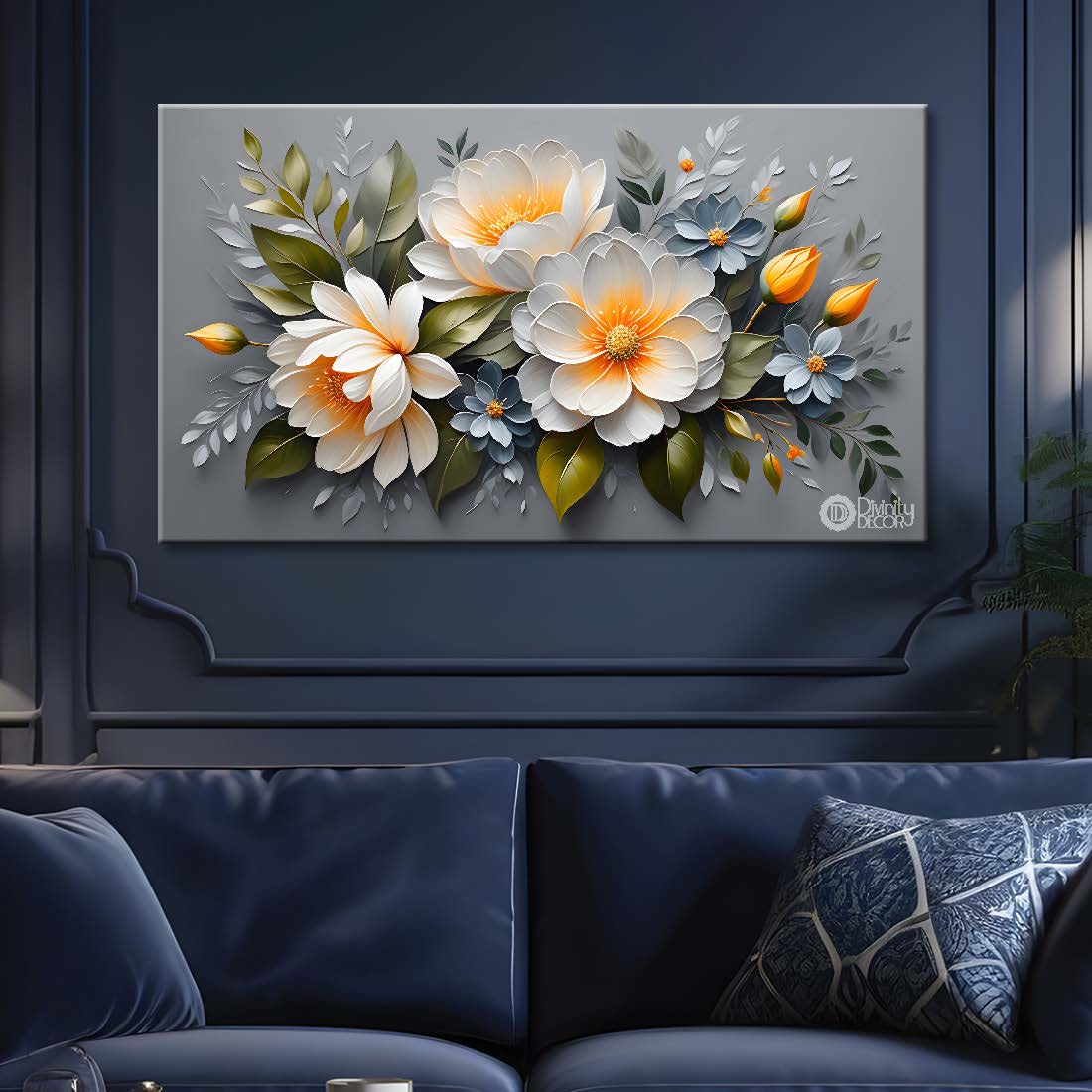 White flowers in grey background canvas painting- Flower-463