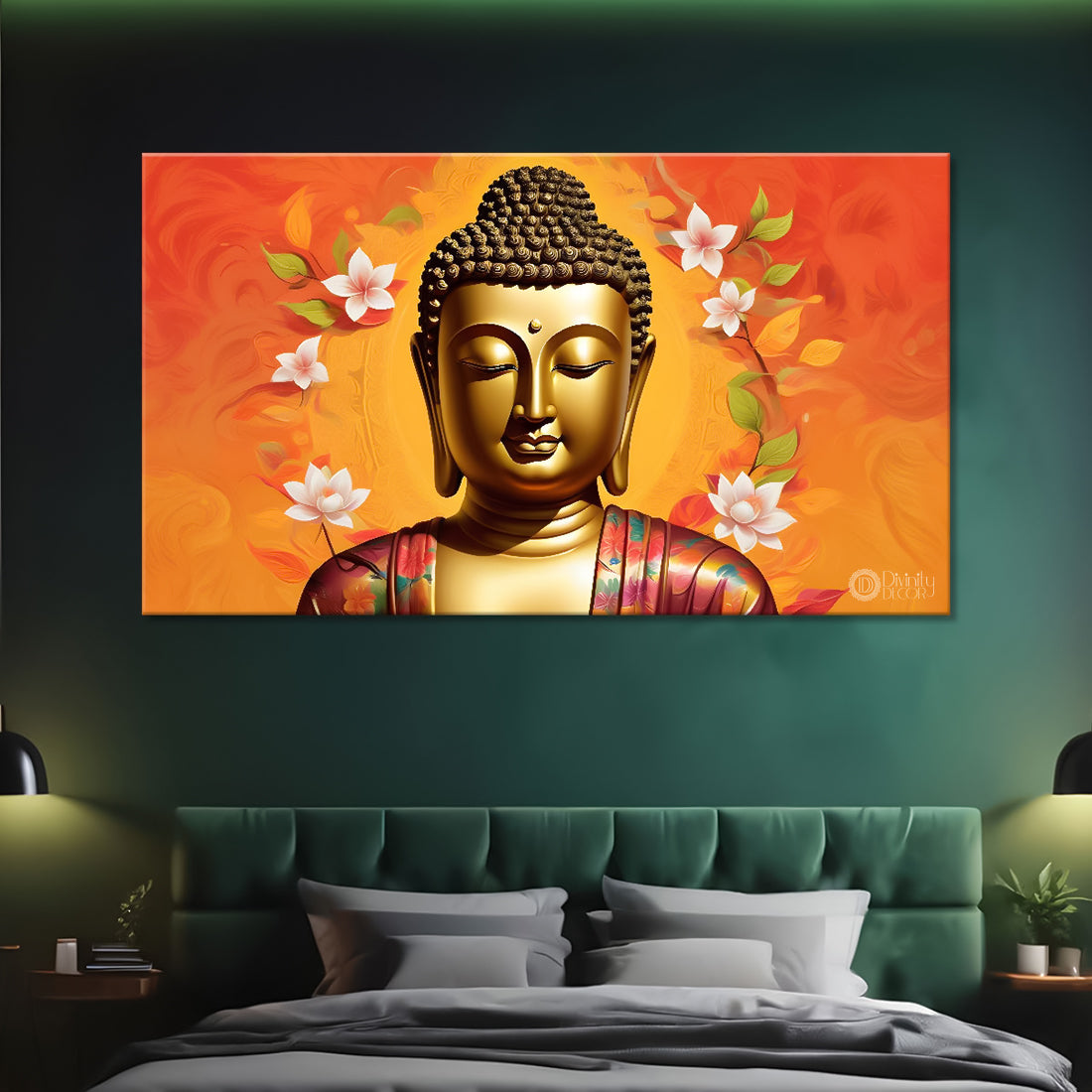 Golden buddha with the orange background textured painting Canvas Wall Painting - Buddha-464