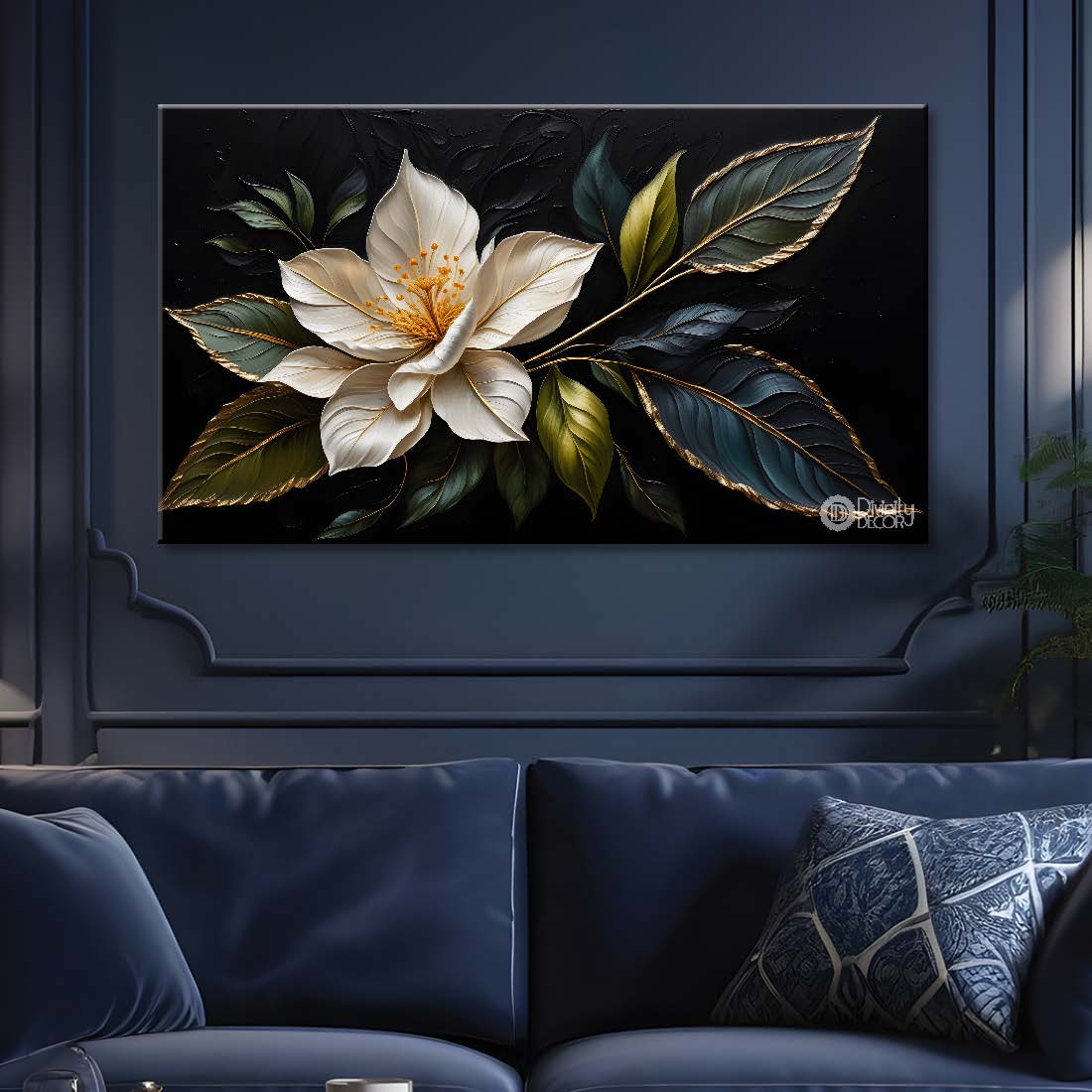 White flowers in black background canvas painting- Flower-464