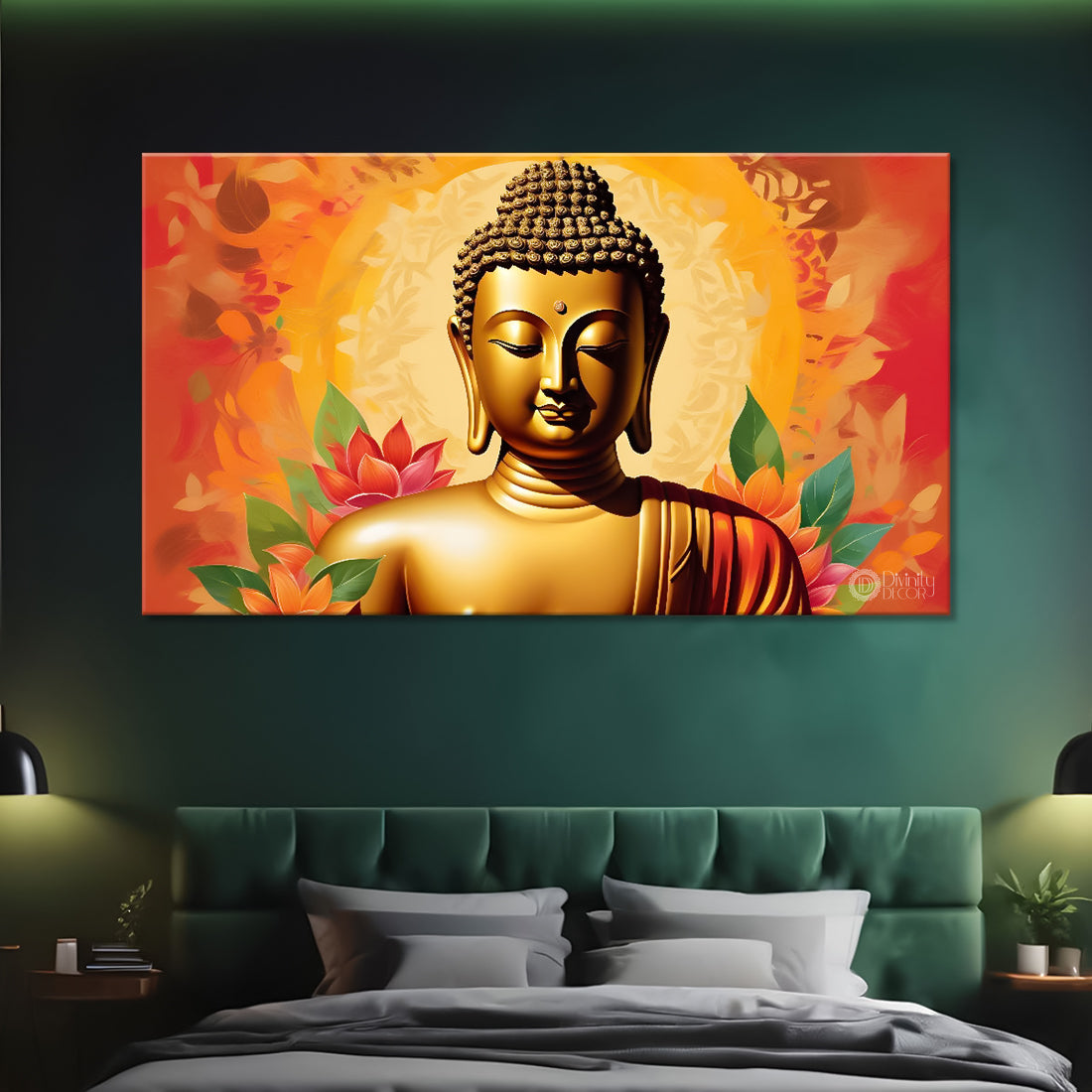 Golden buddha with the orange background textured painting Canvas Wall Painting - Buddha-465