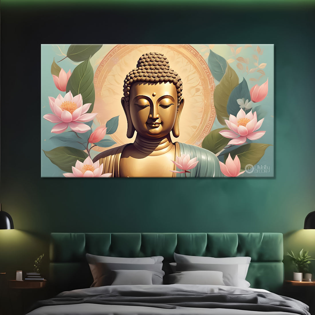 Golden buddha with the beautiful flowers background textured painting Canvas Wall Painting - Buddha-466