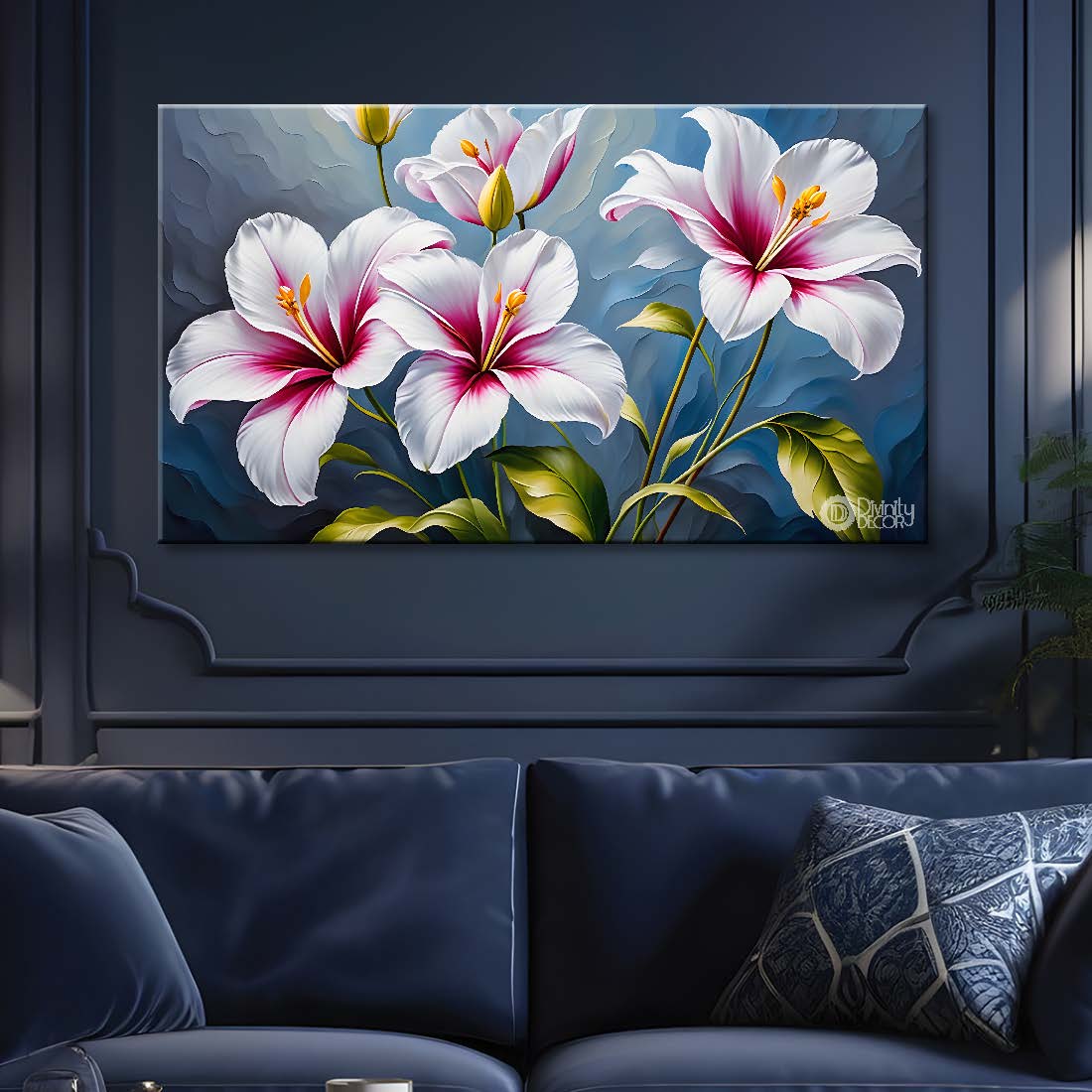 White flowers in blue background canvas painting- Flower-466