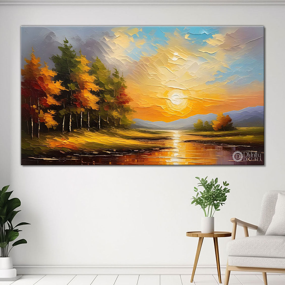 River with tree and sunset painting Canvas Painting - Nature Art -466