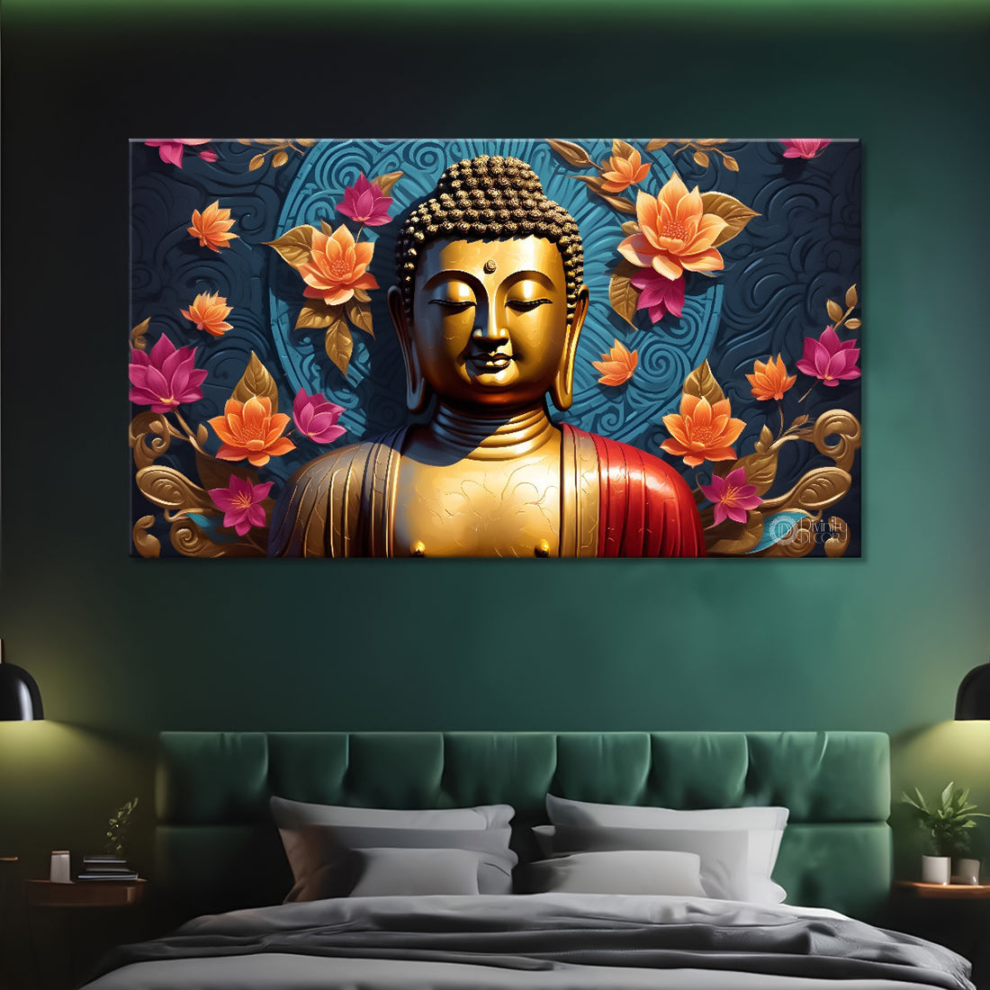 Golden buddha with the beautiful flowers background textured painting Canvas Wall Painting - Buddha-467