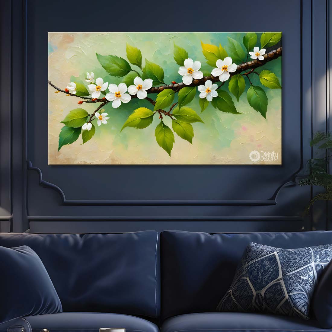 White flowers in green background canvas painting- Flower-467