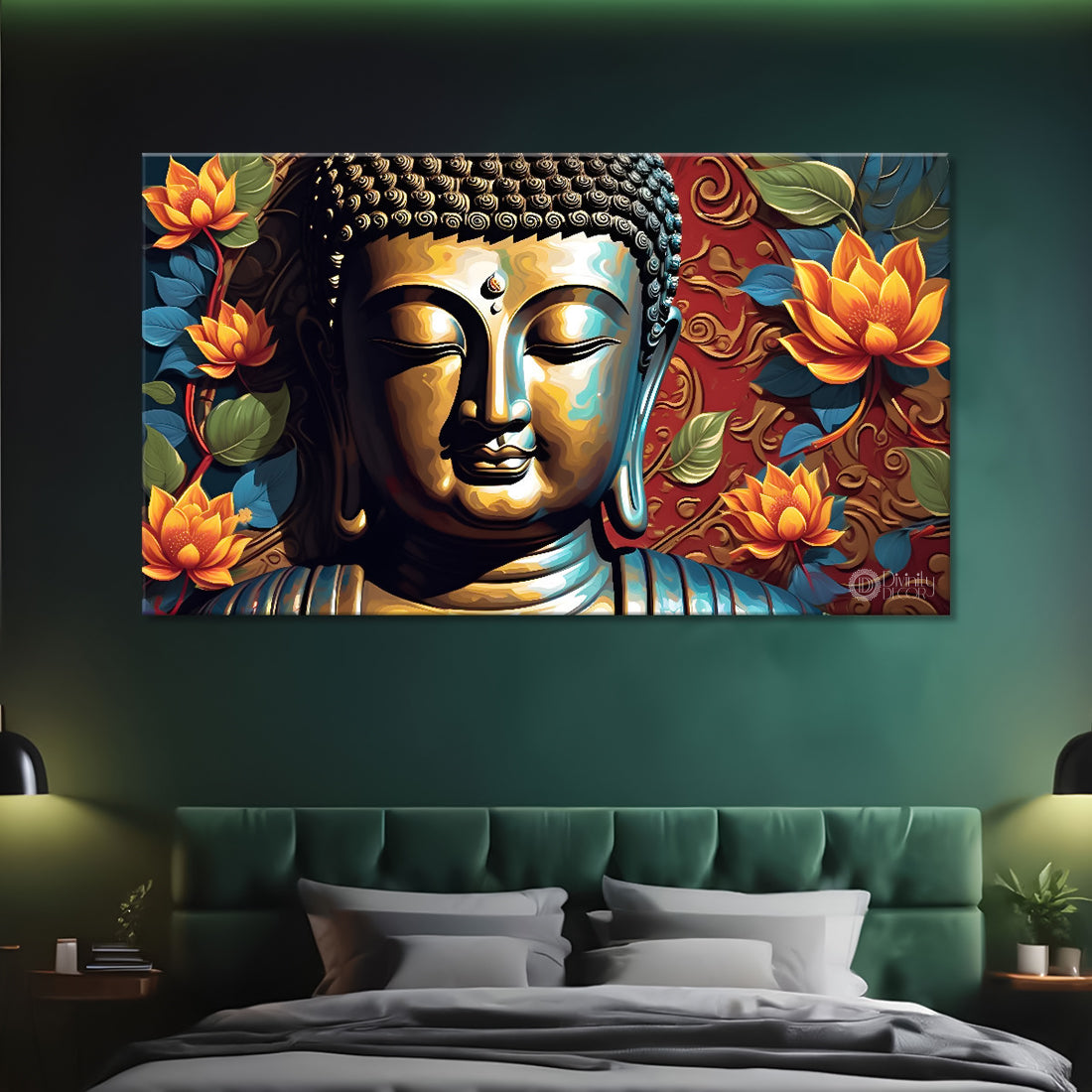 Golden buddha with the beautiful flowers background textured painting Canvas Wall Painting - Buddha-468