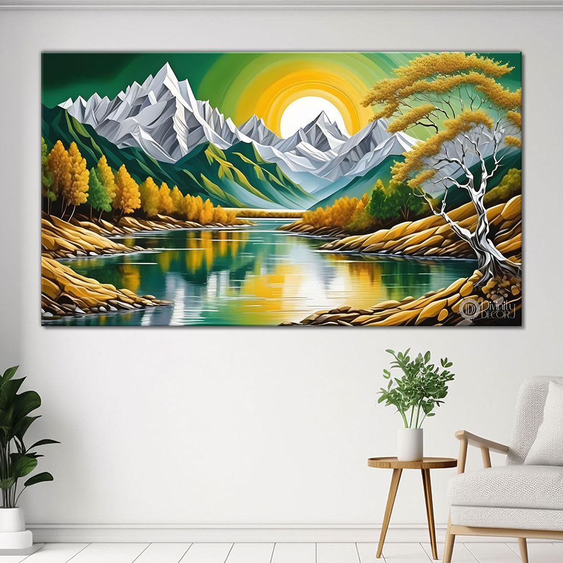 Mountains with sun and river painting Canvas Painting - Nature Art -468