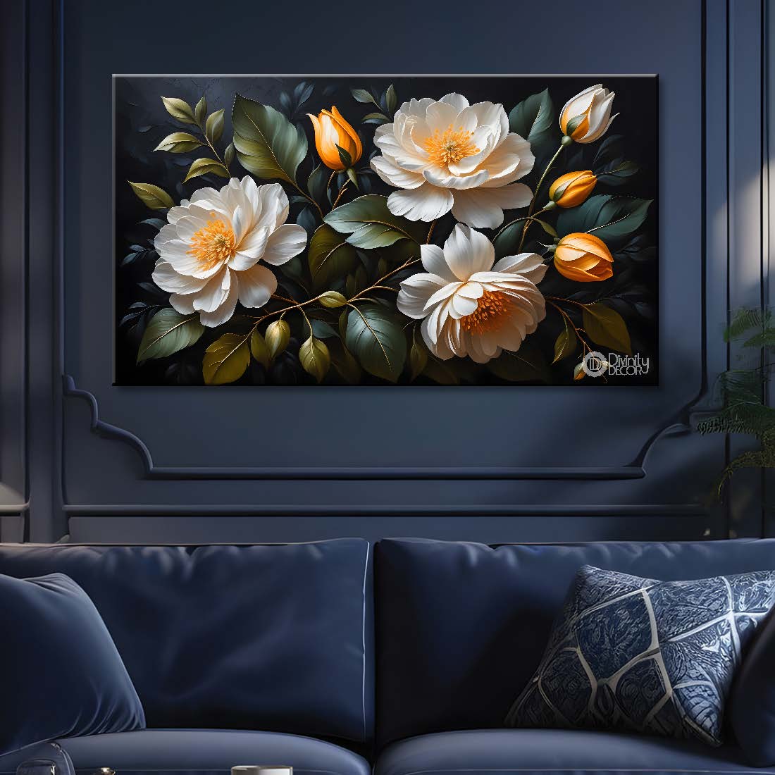 White flowers in black background canvas painting- Flower-468