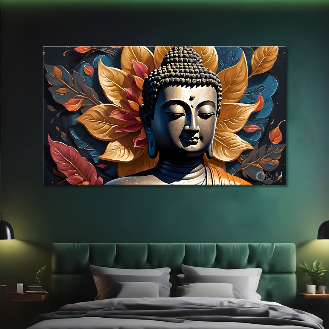 Golden buddha with the golden leaves background textured painting Canvas Wall Painting - Buddha-469