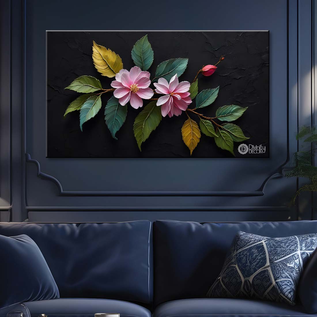 Pink flowers in black background canvas painting- Flower-469