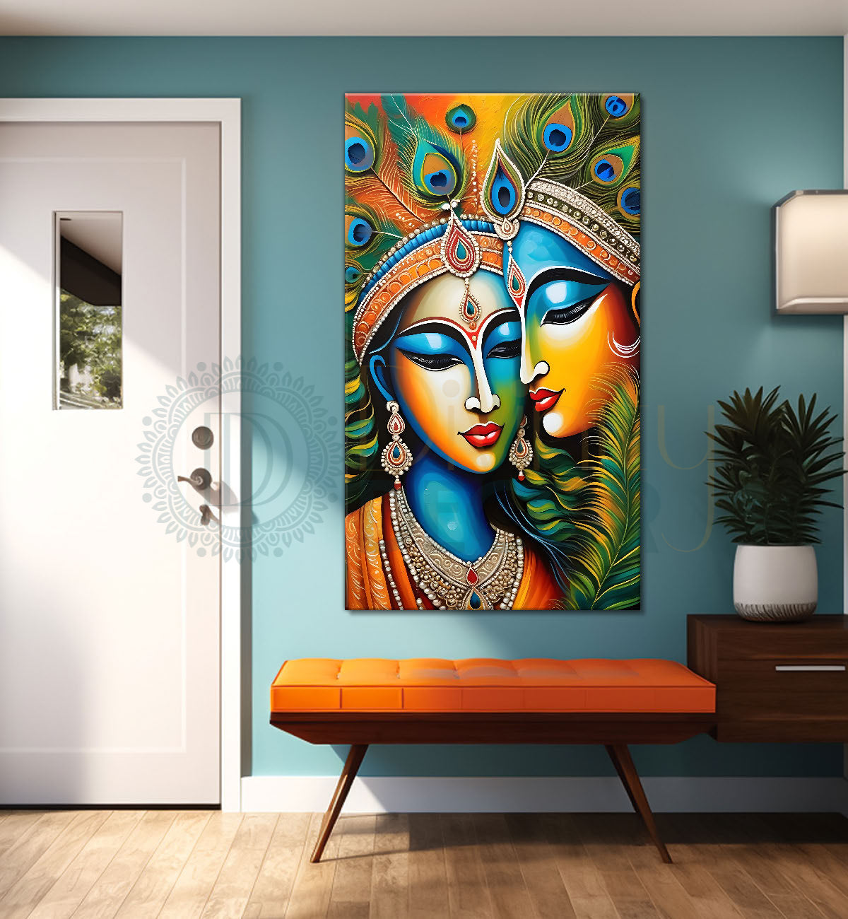 Blue face of krishna with radha in bright background textured art Canvas Painting - Design - Krishna-V-46