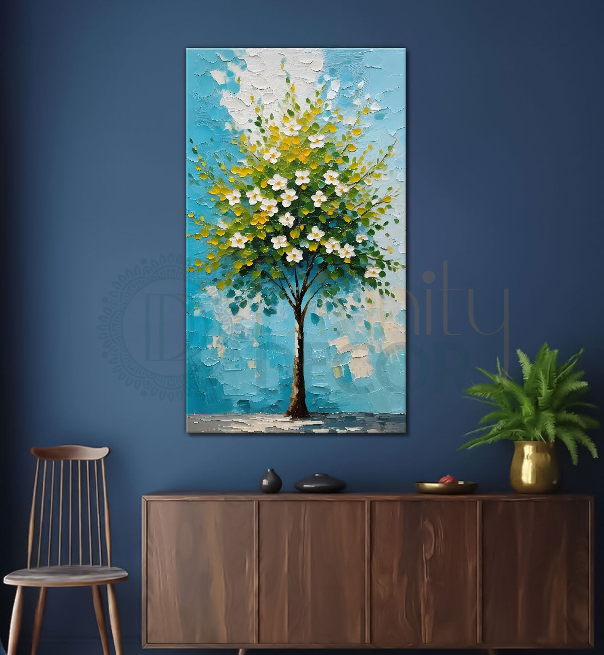 White flowers tree in textured oil painting Canvas painting - Tree-V-46