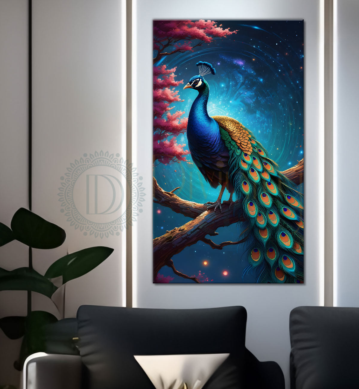 Peacock on branch with aqua background modern art painting   - Design - Peacock-V-46