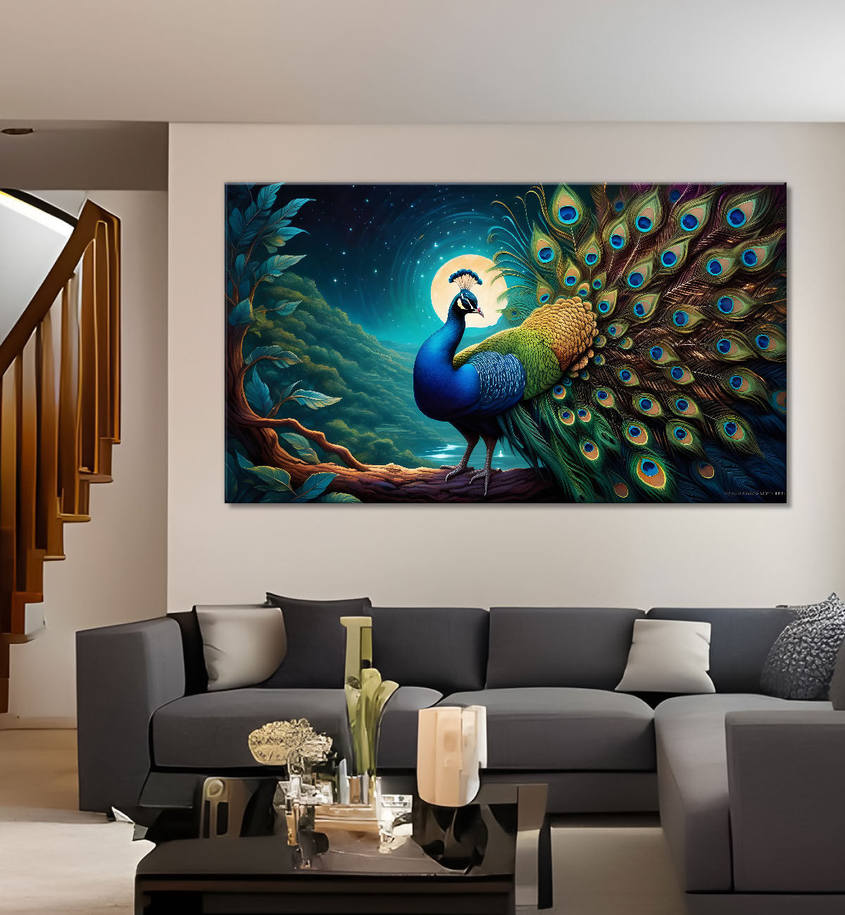 Peacock in bright green colors oil painting Canvas Painting - Design - Peacock-46