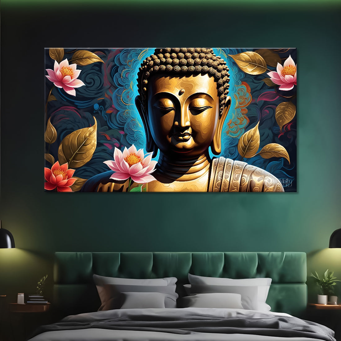 Golden buddha with the beautiful flowers background textured painting Canvas Wall Painting - Buddha-470