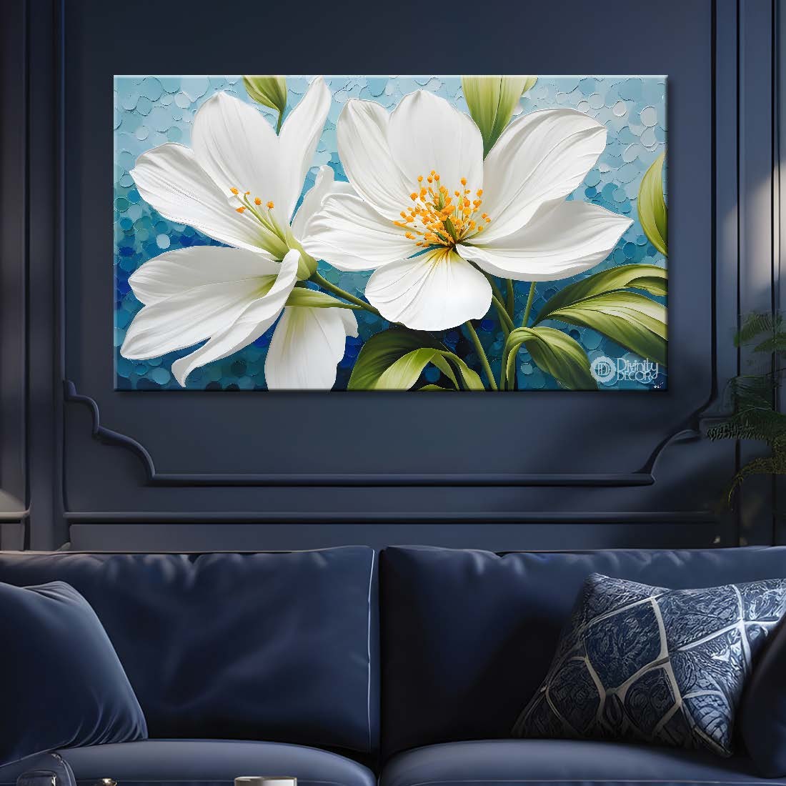 White flowers in blue background canvas painting- Flower-470