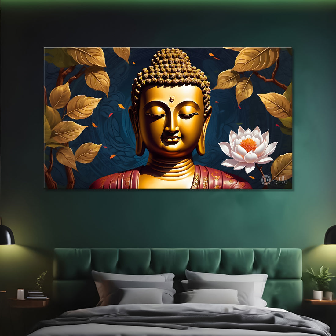 Golden buddha with the beautiful flowers background textured painting Canvas Wall Painting - Buddha-471